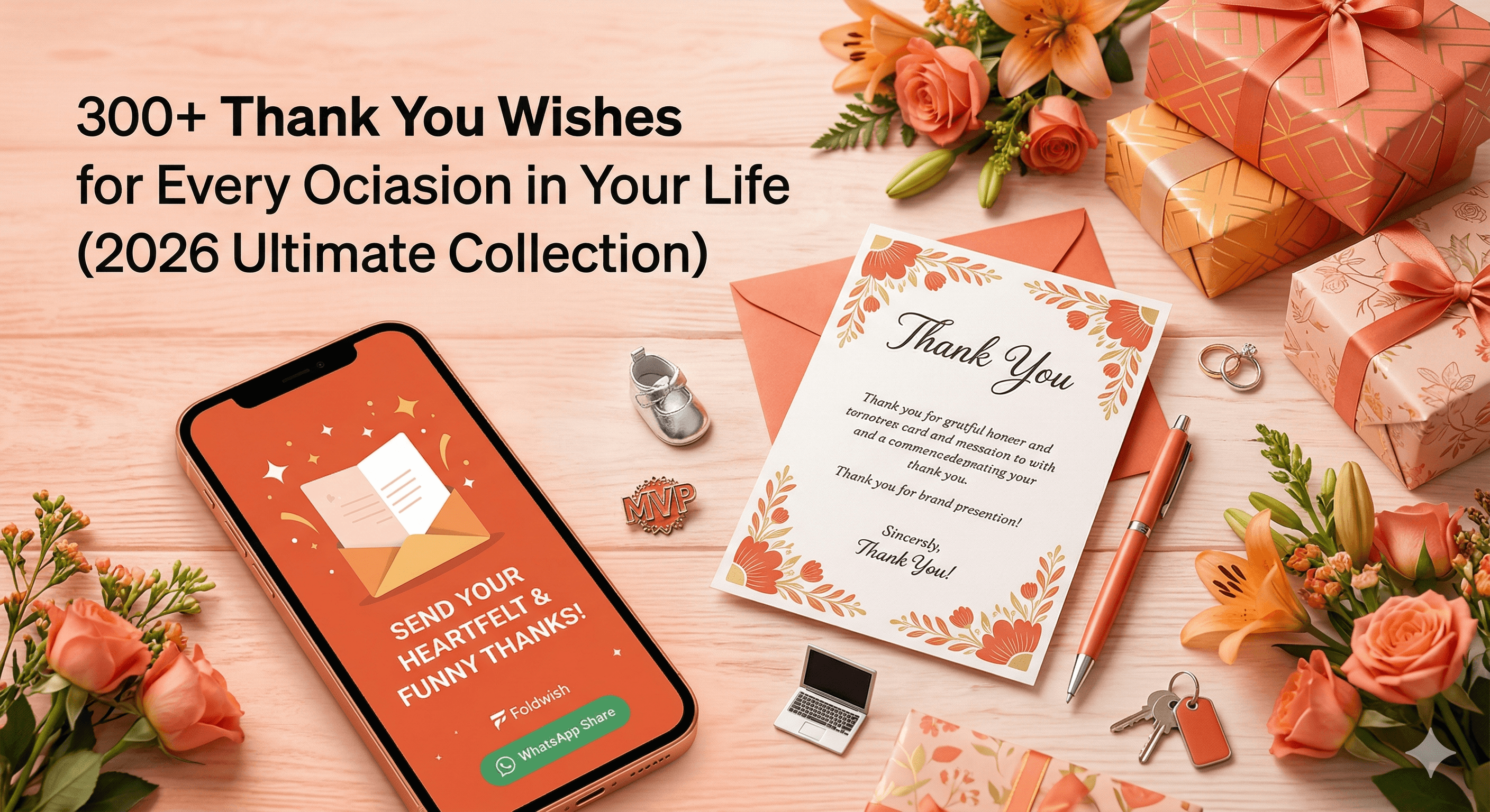 A beautifully arranged thank you card surrounded by gift wrapping, flowers, and a phone displaying a digital thank you card
